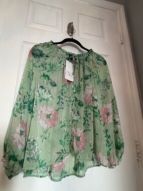 Zara Mint Green Floral Peasant Blouse